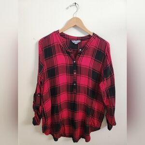 Eddie Bauer Women's Pullover Flannel Long Sleeve Red Black Plaid Pockets Large‎